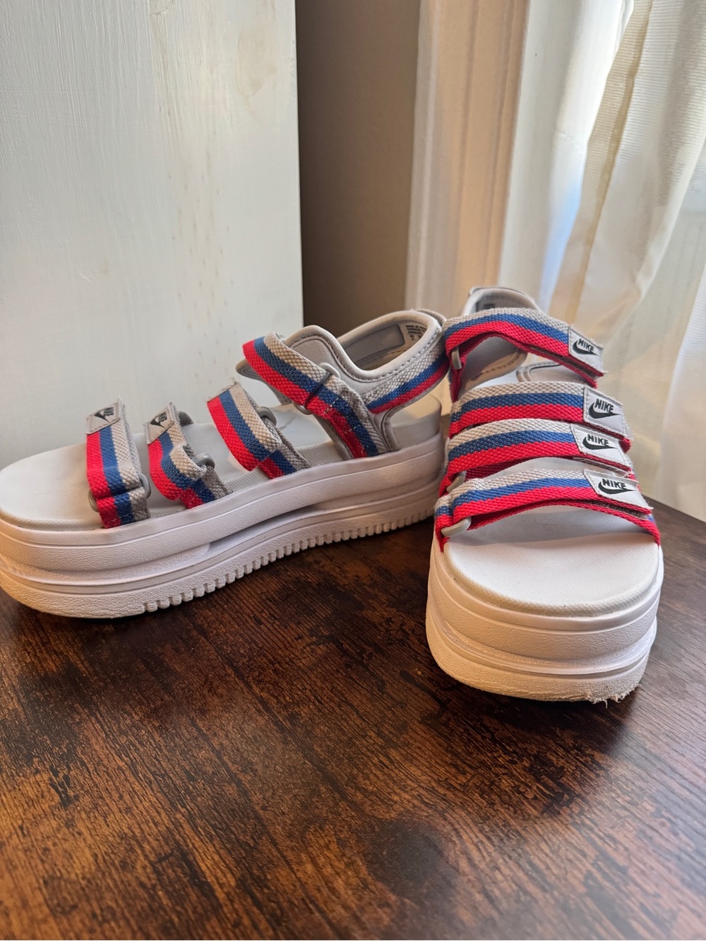 Nike White Platform Sandals with Red, Grey, and Blue Straps - Picture 3 of 7
